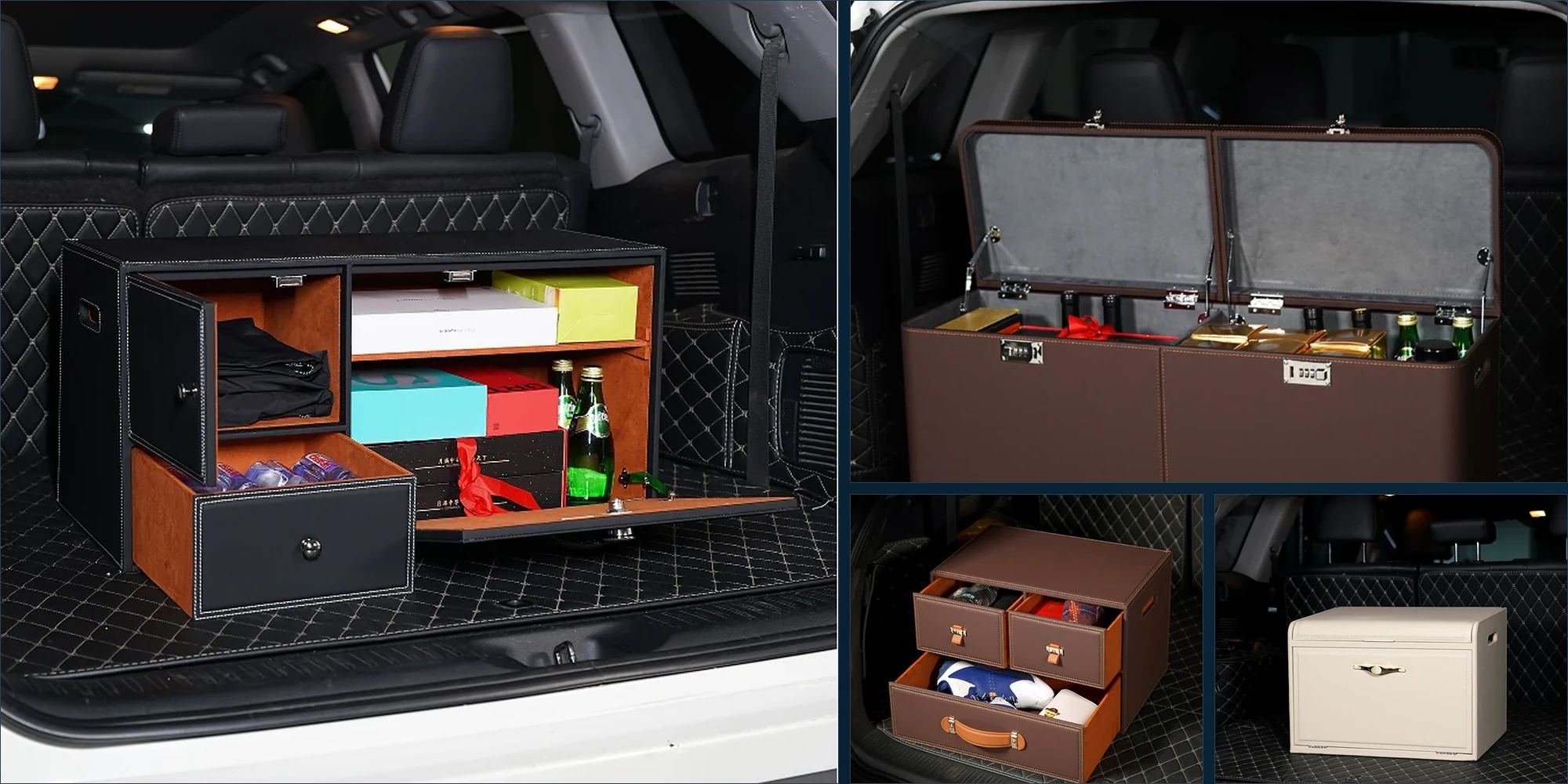 Representative automotive storage cabinets, drawers and divided-lid boxes