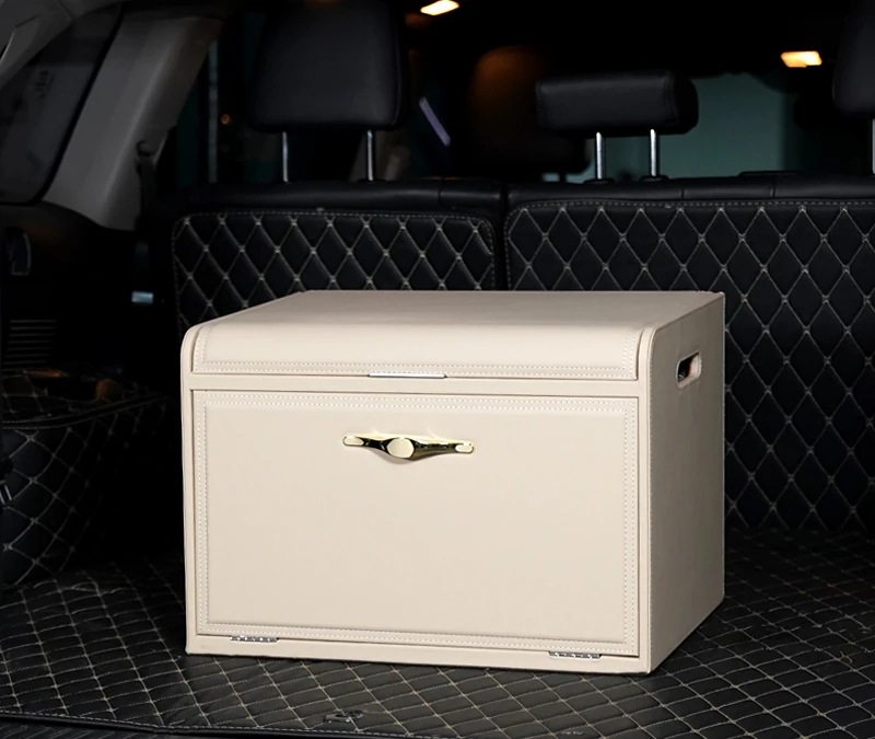 Compact cream automotive storage box with front door