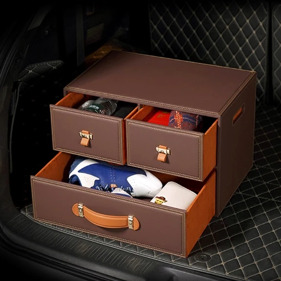 Compact brown three-drawer automotive organizer